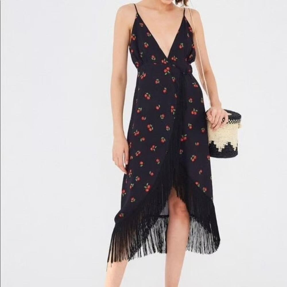 FARM Rio Black Pitanga Fringe Wrap Midi Cherry Dress Strappy Beaded Size M